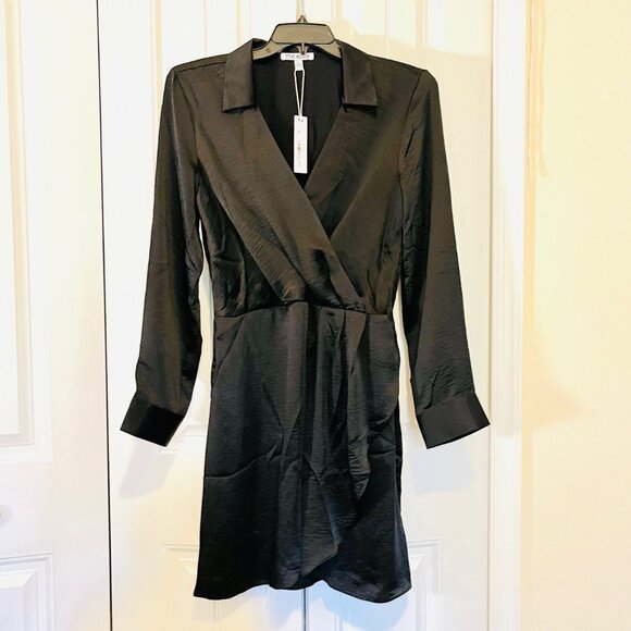 Steve Madden Washed Satin Faux Wrap Dress in black (L) New with Tag - Picture 7 of 13
